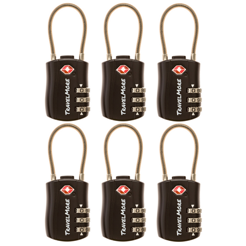 6 Pack Cable Luggage Lock - Black TSA Certified Travel Locks